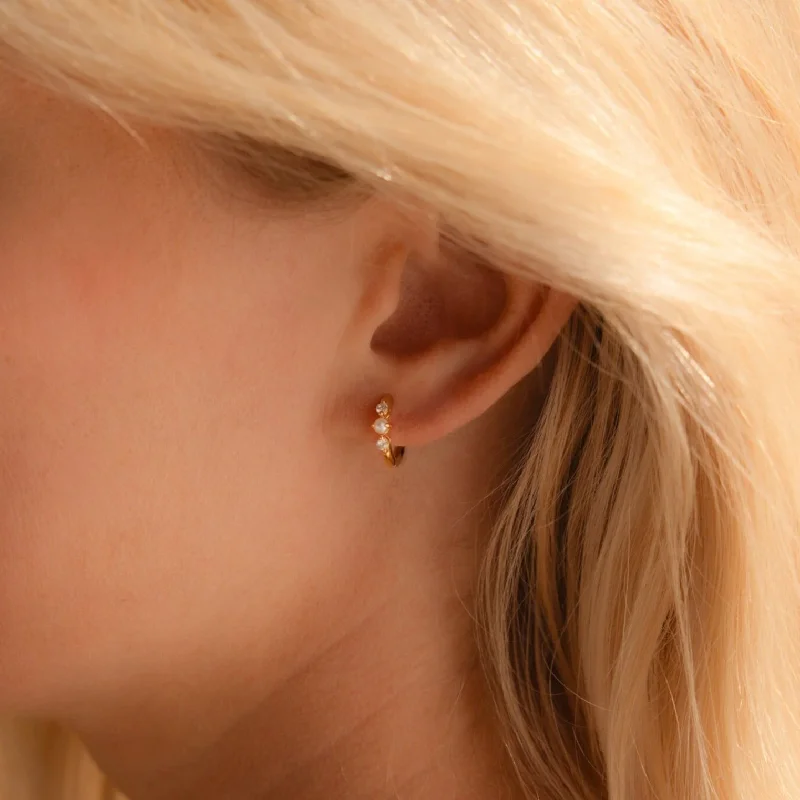 Women’s drop hoop earrings-Pearl Diamond Huggies