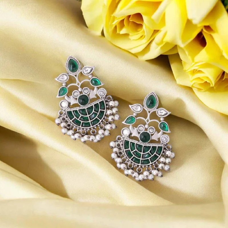 Women’s moonstone earrings-Emerald Sadhana Oxidised Chandbalis