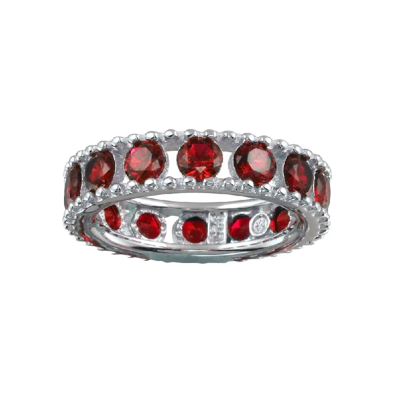 Women’s custom rings-Rhodium Plated 925 Sterling Silver Round Red CZ Band - BGR01293RED