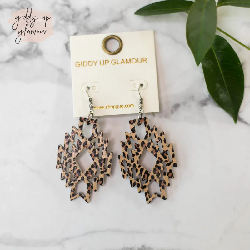 Women’s custom earrings-Aztec Shaped Wooden Earrings in Leopard Print