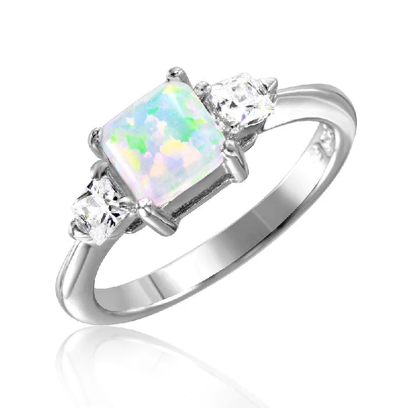 Women’s statement rings-Silver 925 Rhodium Plated 6mm Synthetic Opal with 3mm CZ On Each Side - BGR01029