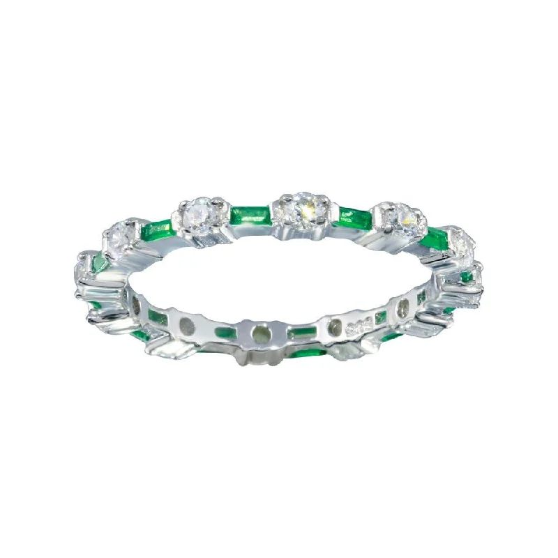 Women’s silver rings-925 Sterling Silver Alternating Green Clear CZ Eternity Band - BGR01311GRN