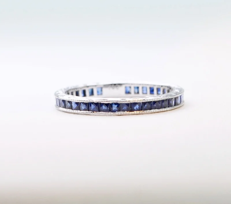 Women’s platinum engagement rings-18K white gold Sapphire band with French-cut Blue Sapphires all around