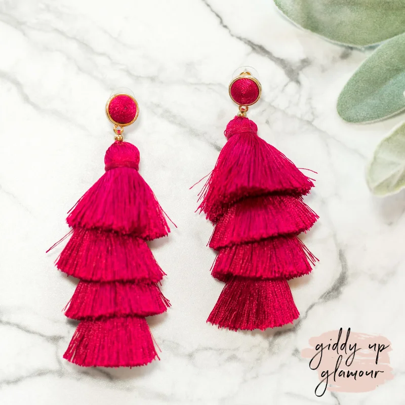 Women’s ruby earrings-Layered Tassel Earrings with Threaded Stud in Raspberry Pink