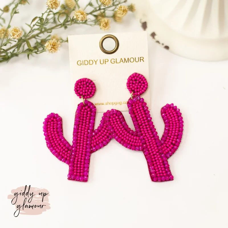 Women’s matching earrings-Seed Bead Cactus Post Earrings with Crystal Trim in Fuchsia