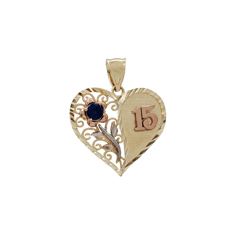 Women’s custom rings-Zirconia Birthstone "15 Birthday" Flower Heart Pendant (14K)