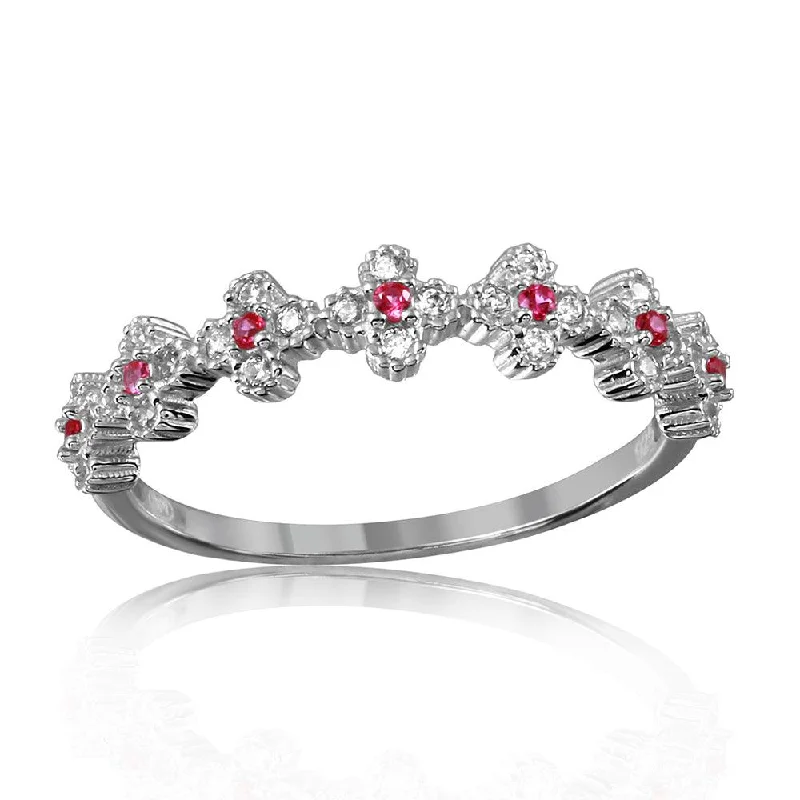 Women’s three-stone rings-Silver 925 Rhodium Plated Clover Band with Red CZ Stones - GMR00129R