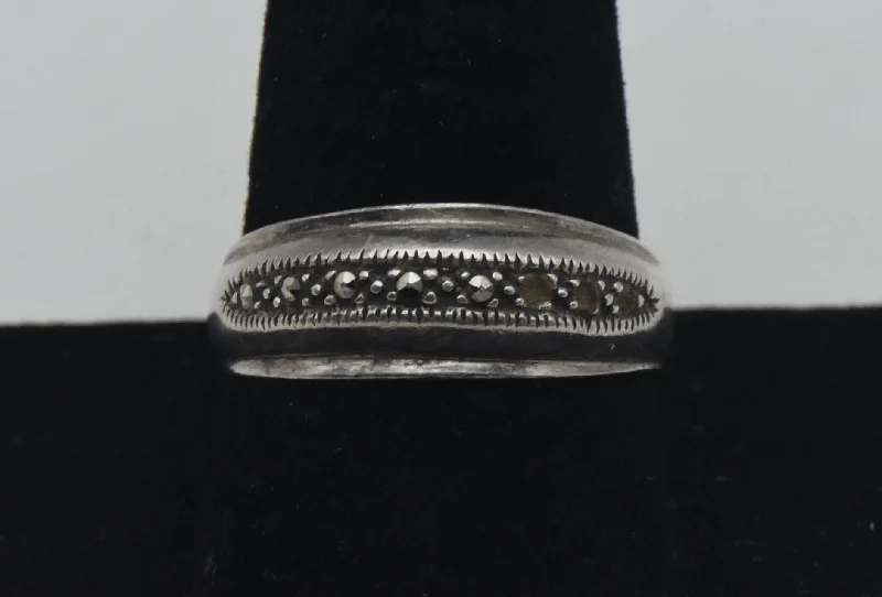 Women’s titanium rings-Vintage Sterling Silver Marcasite Domed Band - Size 10