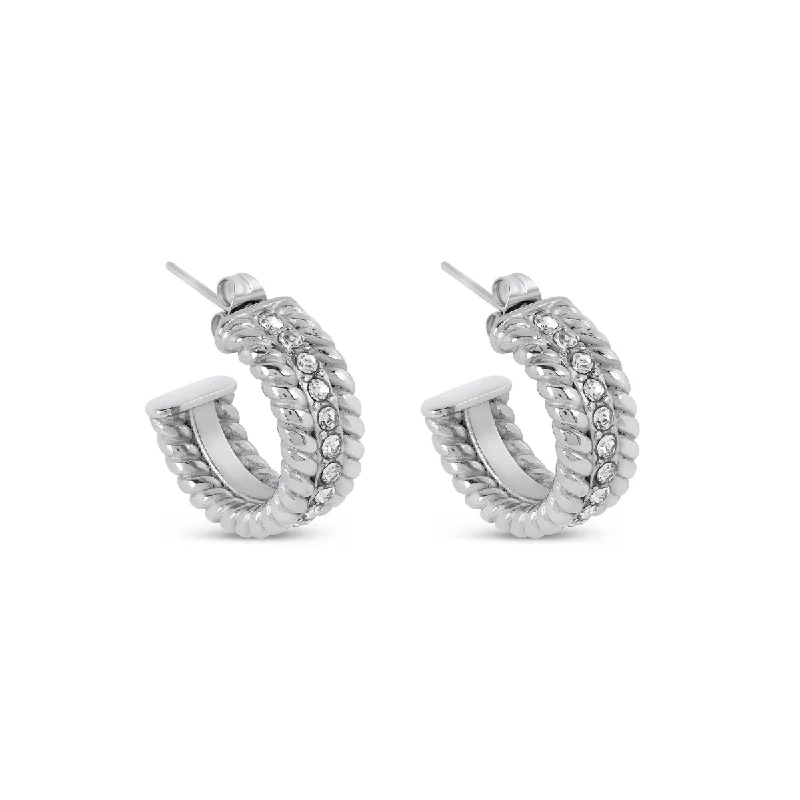 Women’s vintage hoop earrings-Curb Chain Stone Hoop Earrings - Silver