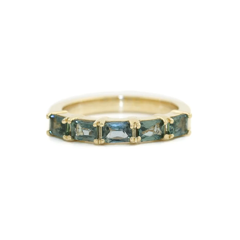 Women’s colorful engagement rings-14K Gold Emerald- Cut Teal Sapphire Bead- Set Band