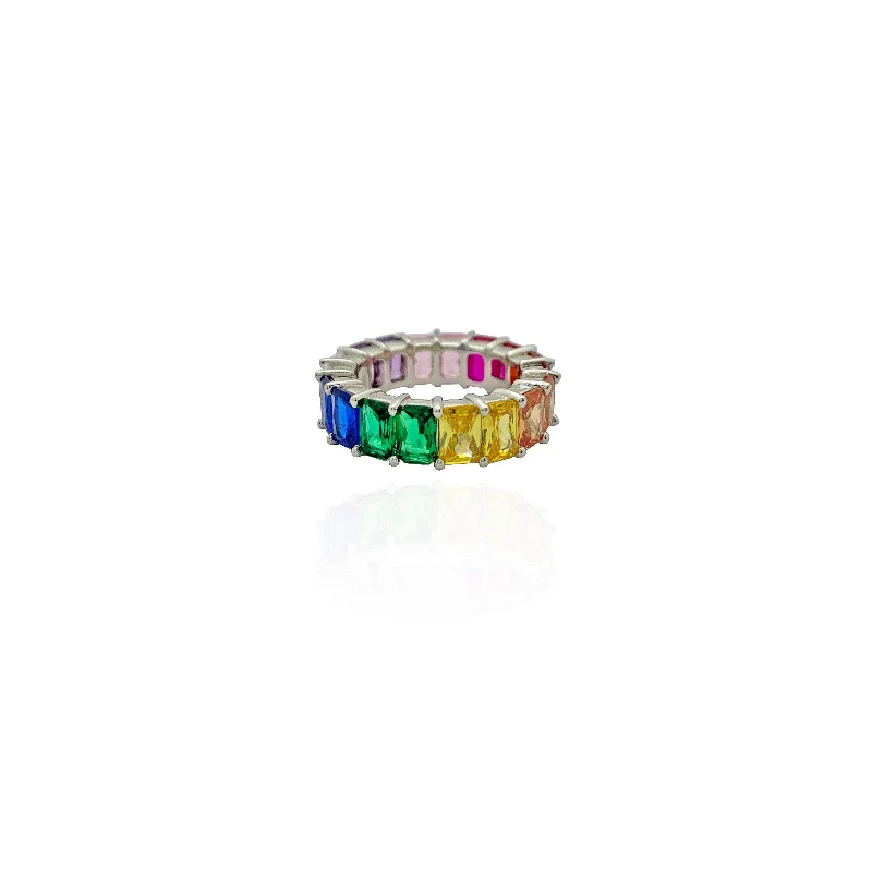 Women’s engagement rings-Emerald-Cut Rainbow Stone Eternity Band (Silver)