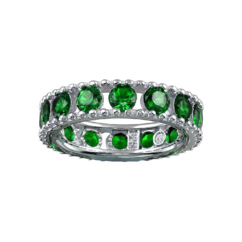 Women’s birthstone rings-Rhodium Plated 925 Sterling Silver Round Green CZ Band - BGR01293GRN