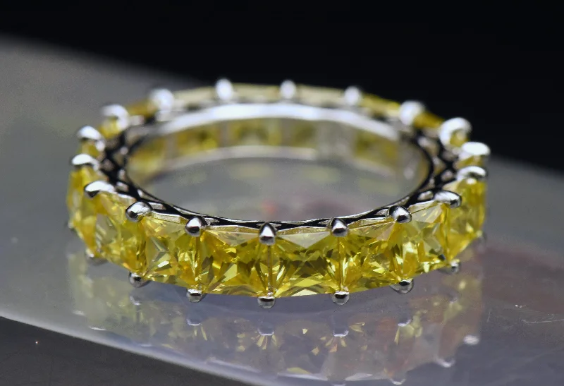 Women’s statement gemstone rings-Vintage Yellow Cubic Zirconia Sterling Silver Eternity Band - Size 8