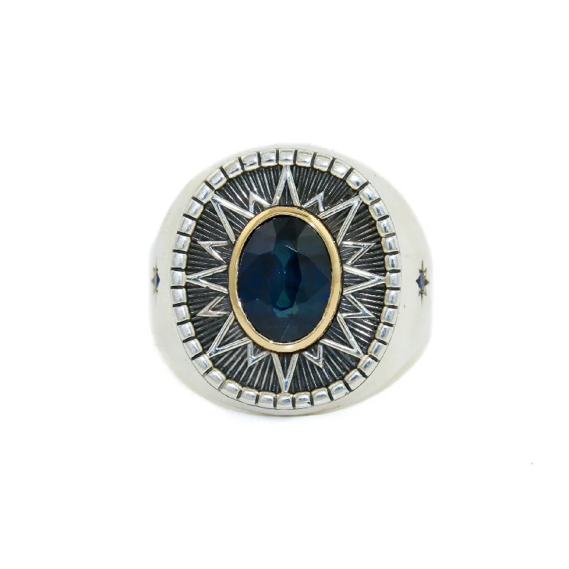 Women’s garnet rings-Heavy "Sirius" Signet x Blue Montana Sapphire