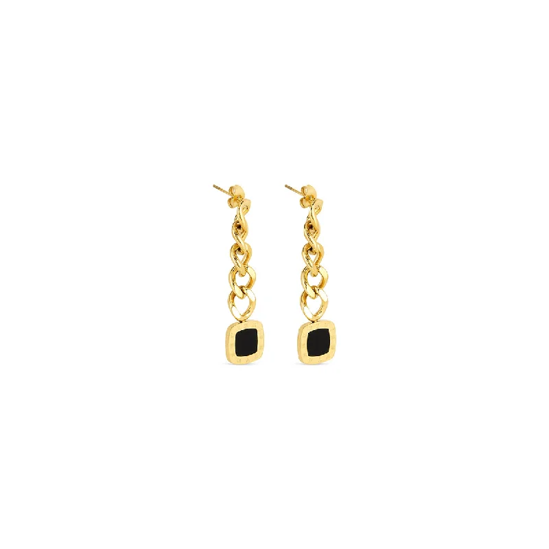 Women’s heart-shaped drop earrings-Square Latin Onyx Dangle Earrings - Gold