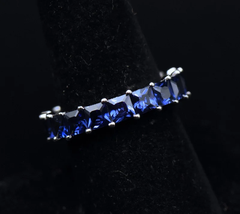 Women’s wedding bands-Vintage Blue Cubic Zirconia Sterling Silver Eternity Band - Size 8