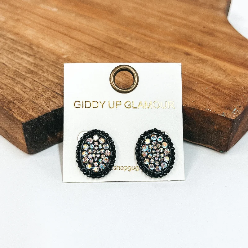 Women’s drop earrings-Black Oval Stud Earrings with AB Crystals