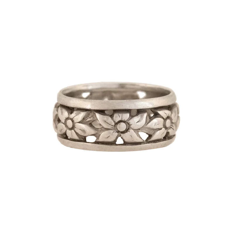 Women’s anniversary rings-Art Deco Sterling Silver Carved Floral Motif Band