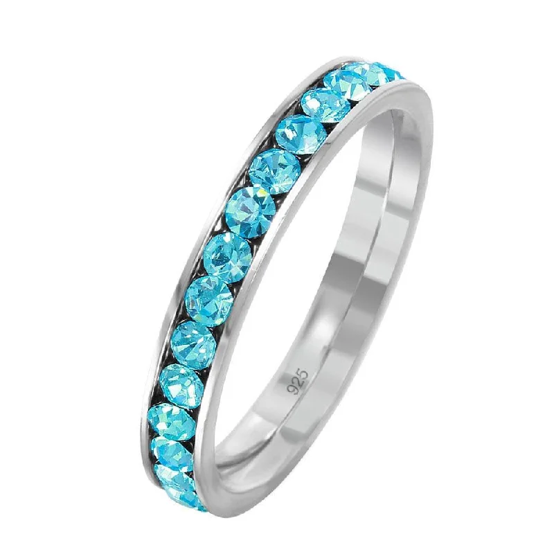 Women’s men’s style rings-Silver 925 Rhodium Plated Birthstone March Channel Eternity Band - ETRY-MAR