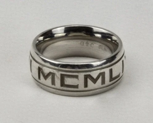 Women’s customized wedding rings-Solid Sterling Silver Band Engraved "VI XXVII MCMLIV" - Size 7