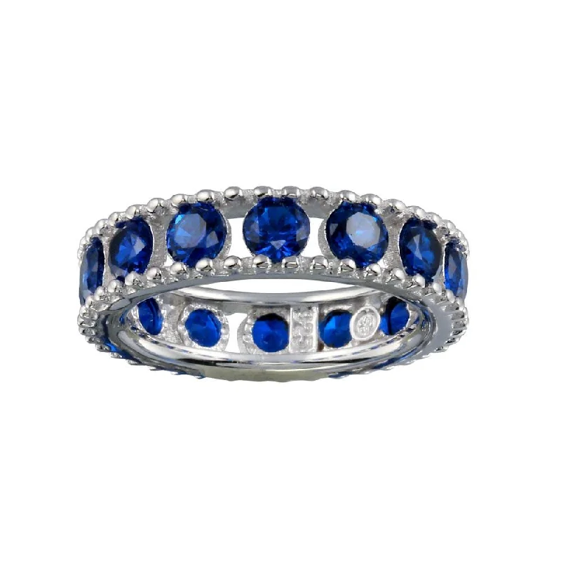 Women’s emerald rings-Rhodium Plated 925 Sterling Silver Round Blue CZ Band - BGR01293BLU