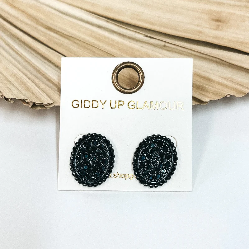 Women’s chandelier earrings-Black Oval Stud Earrings with Black Crystals