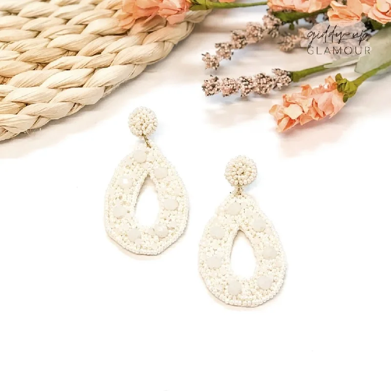 Women’s bohemian earrings-Seed Bead Teardrop Post Earrings in Ivory