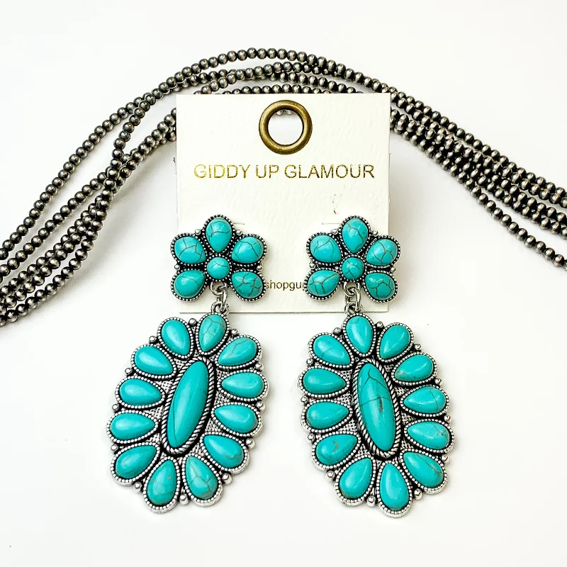 Women’s black diamond earrings-Turquoise Stone Oval Flower Earrings