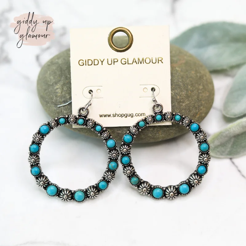 Women’s statement earrings-Silver Circle Outline Earrings with Turquoise Stones