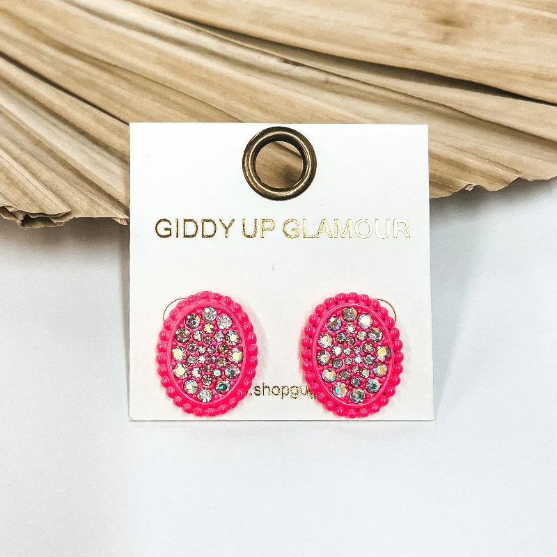 Women’s diamond earrings-Pink Oval Stud Earrings with AB Crystals