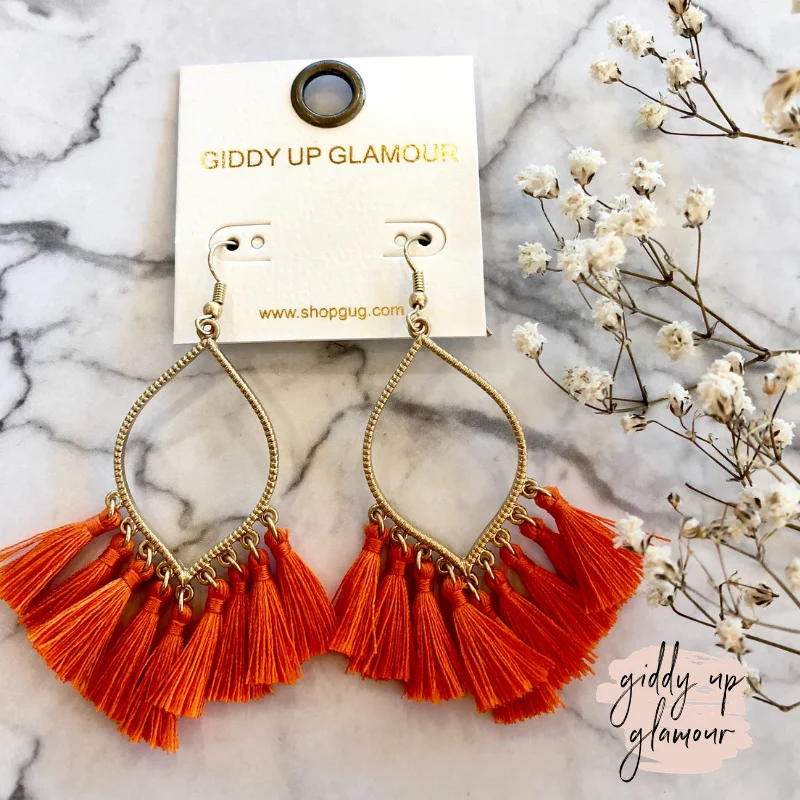 Women’s diamond drop earrings-Gold Outline Drop Earrings with Fringe Tassels in Orange