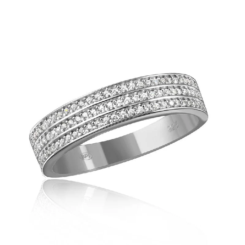 Women’s diamond band rings-Mens Sterling Silver 925 Rhodium Plated Muiti Row Clear CZ Band - GMR00123