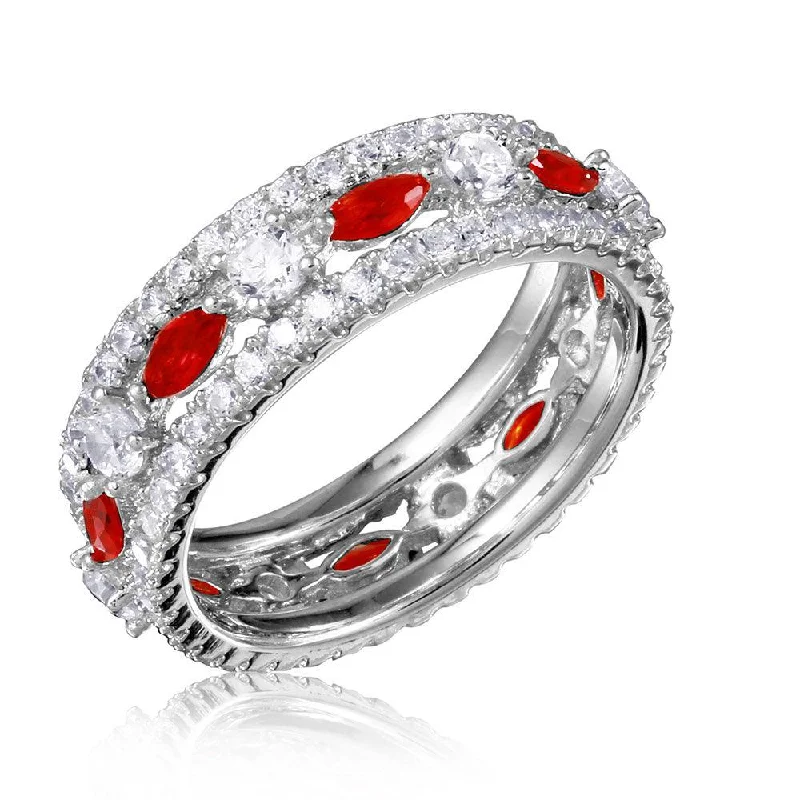 Women’s solitaire rings-Silver 925 Rhodium Plated Band Encrusted with Clear and Red CZ Stones - GMR00133R