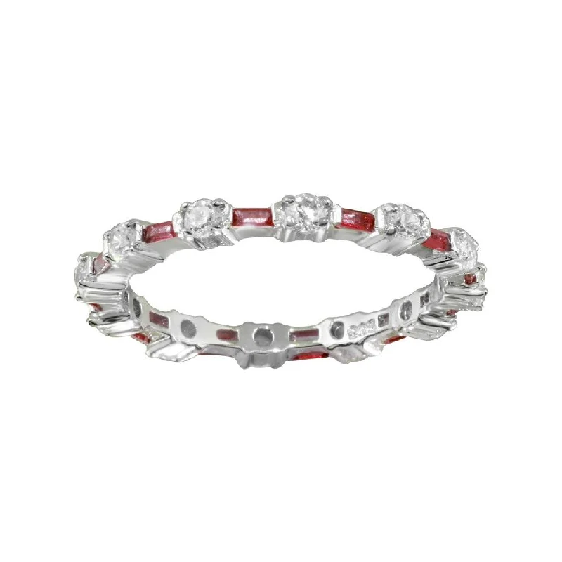 Women’s personalized rings-925 Sterling Silver Alternating Red Clear CZ Eternity Band - BGR01311RED