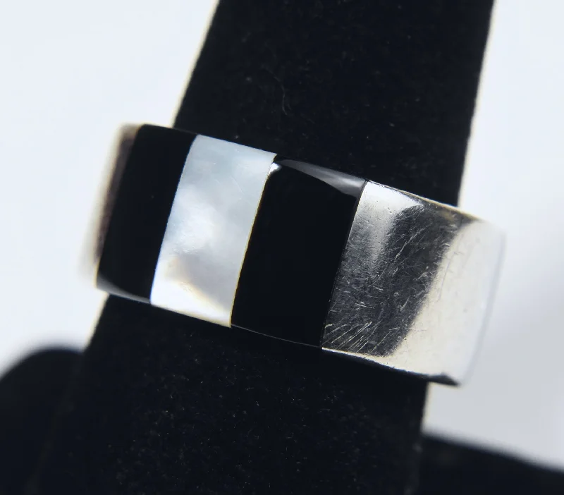 Women’s minimalist rings-Emporio Armani - Vintage Mother-of-Pearl and Black Onyx Sterling Silver Band - Size 7.5