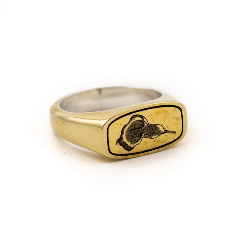 Women’s oval engagement rings-Brass Egyptian Calla Lily Signet