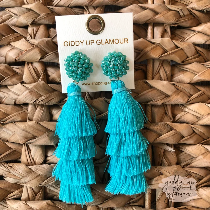 Women’s silver drop earrings-Layered Tassel Earrings with Statement Beaded Stud in Turquoise