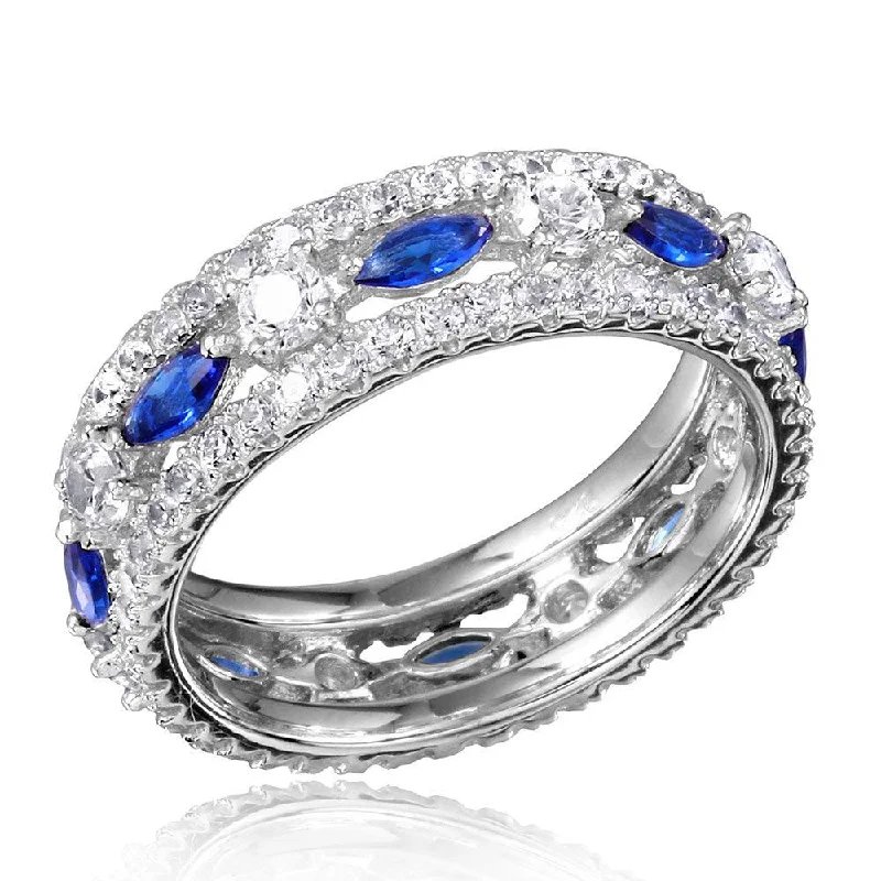 Women’s diamond rings-Silver 925 Rhodium Plated Band Encrusted with Clear and Blue CZ Stones - GMR00133S