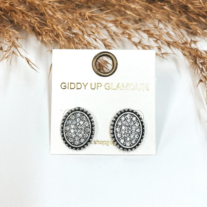 Women’s stud earrings-Silver Oval Stud Earrings with Clear Crystals