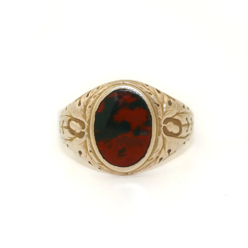 Women’s custom diamond rings-Vintage 10k Gold x 1940's Bloodstone Signet