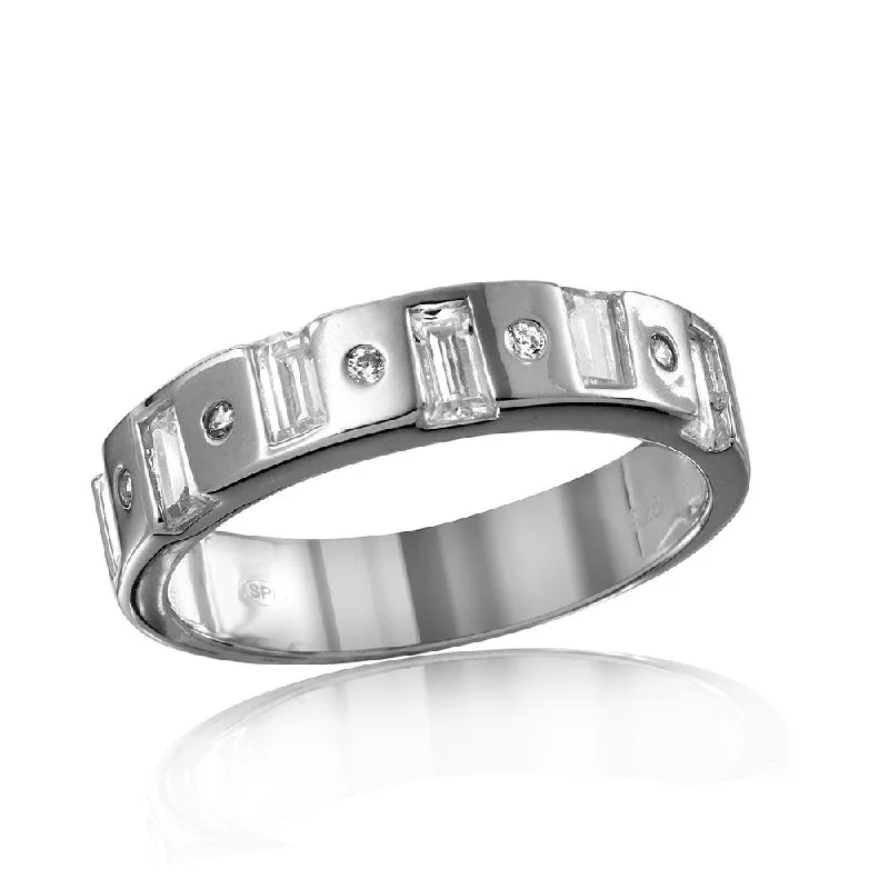 Women’s antique engagement rings-Mens Sterling Silver 925 Rhodium Plated Matching Baguette CZ Band - GMR00111