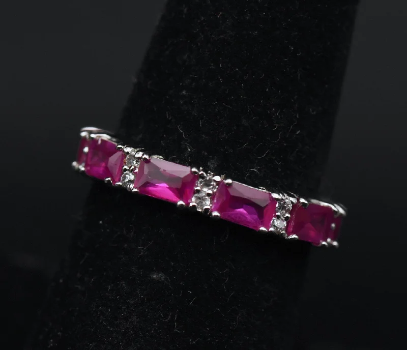 Women’s antique engagement rings-Vintage Synthetic Ruby and Cubic Zirconia Sterling Silver Eternity Band - Size 7