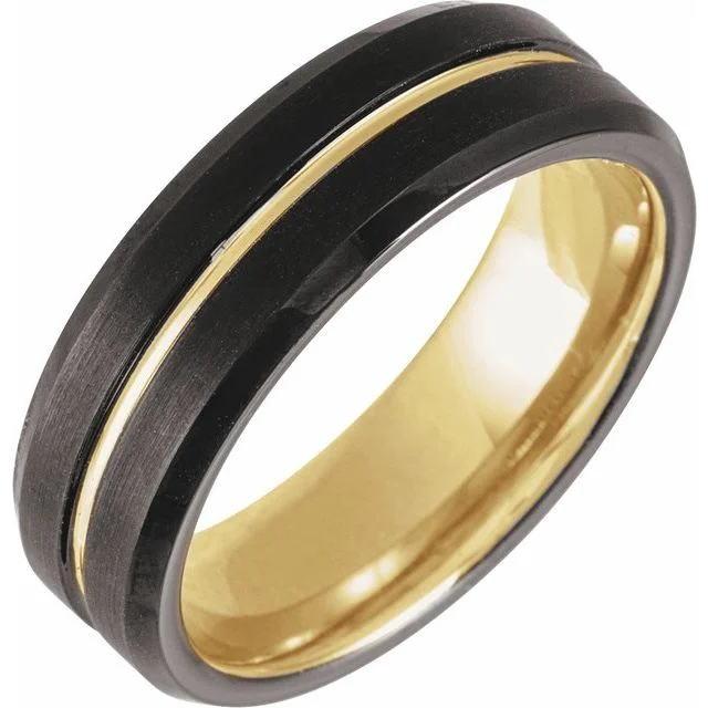 Women’s vintage wedding rings-18K Yellow Gold PVD & Black PVD Tungsten 7 mm Size 7.5 Grooved Band