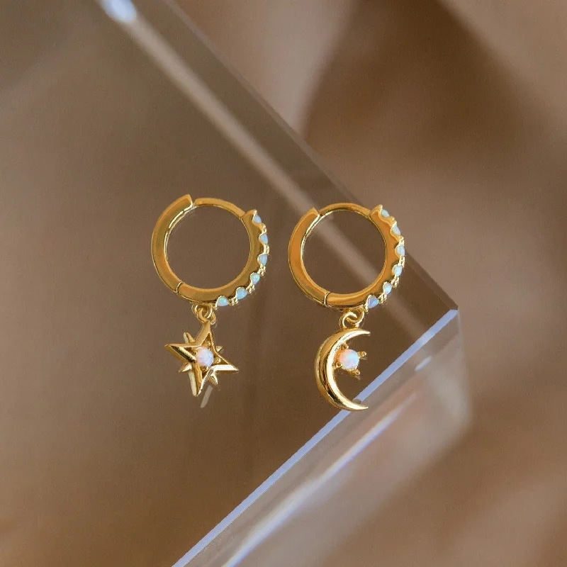 Women’s dangly earrings-Astra Moon & Star Huggies