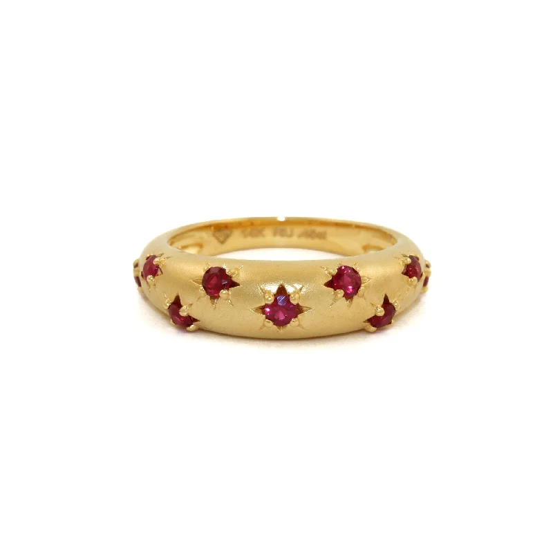 Women’s moonstone rings-14k Matte Gold x 5mm Red Ruby Star Bombe Band