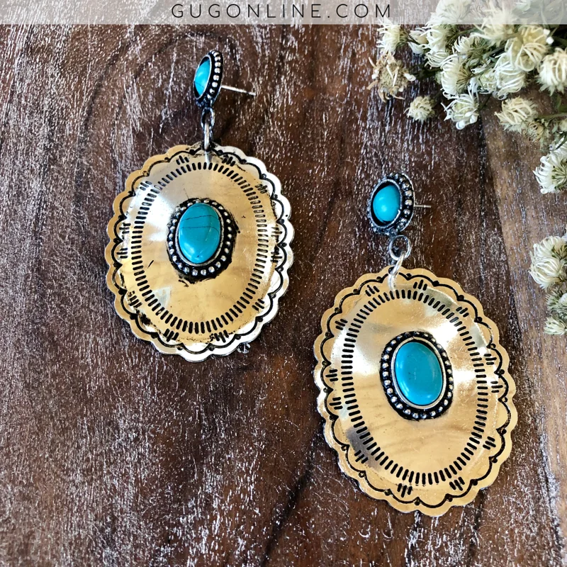 Women’s ear cuffs-Silver Concho Earrings with Turquoise Stones