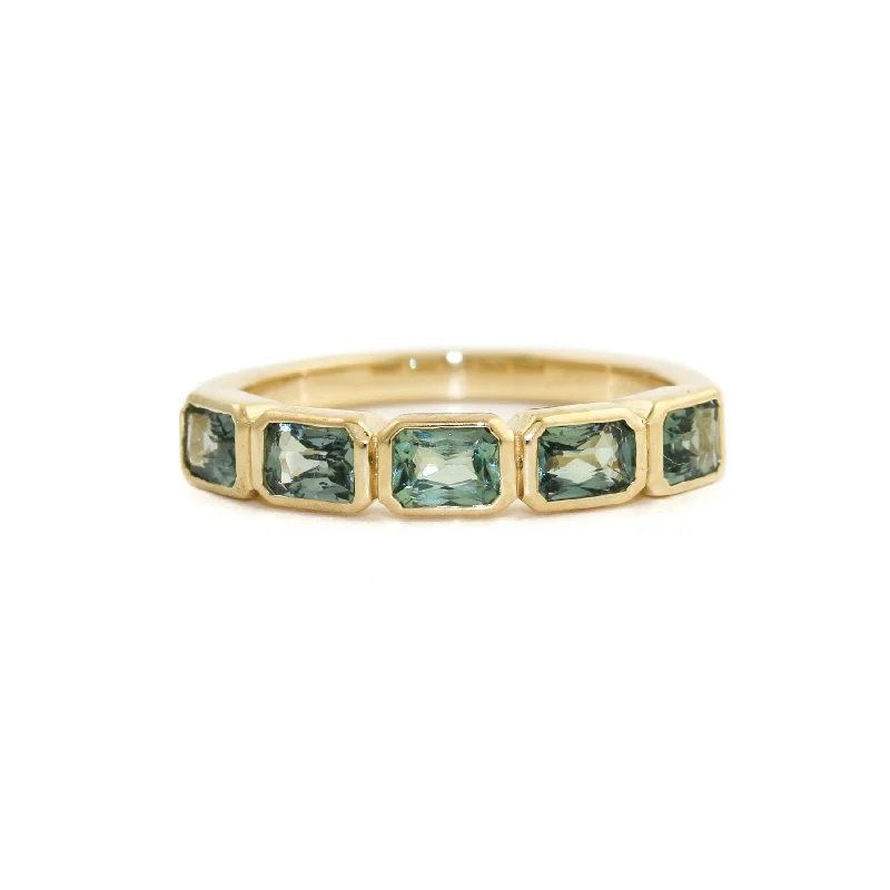 Women’s large gemstone rings-14K Gold Emerald-Cut Teal Sapphire Bezel-Set Band