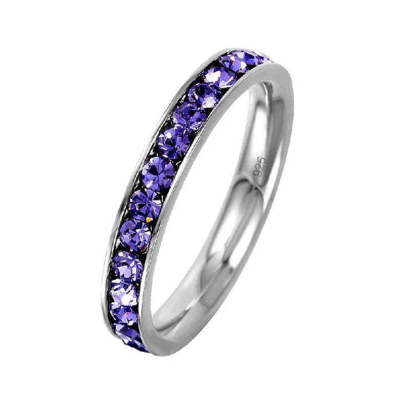 Women’s vintage rings-Silver 925 Rhodium Plated Birthstone February Channel Eternity Band - ETRY-FEB