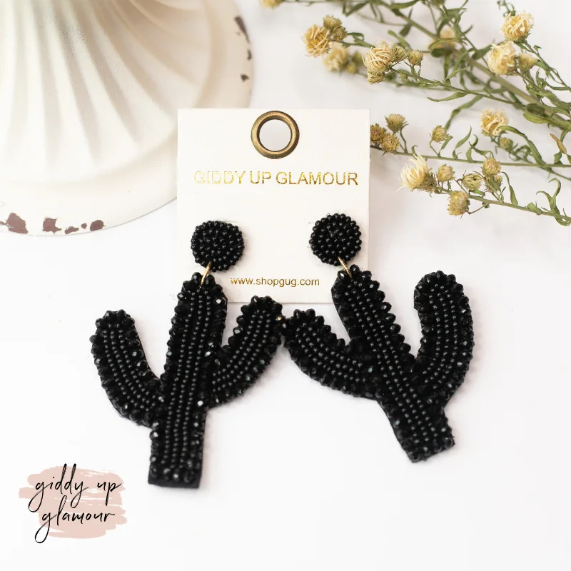 Women’s pearl drop stud earrings-Seed Bead Cactus Post Earrings with Crystal Trim in Black