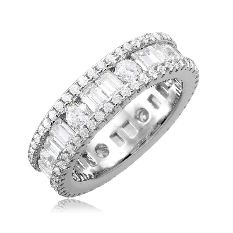 Women’s sapphire rings-Silver 925 Rhodium Plated Eternity Band with Baguette CZ Stones - BGR01075